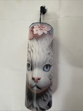 White Cat Water Bottle with Pink Floral Accent